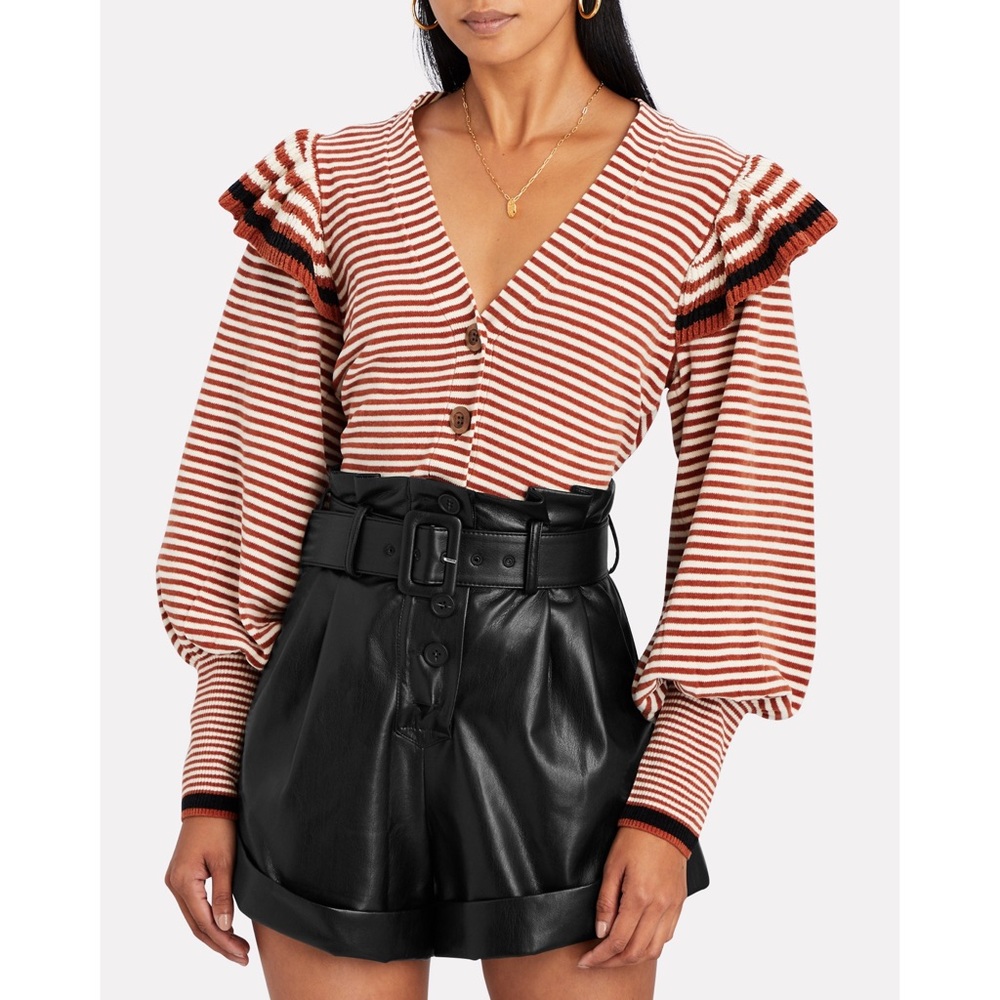 Ulla Johnson Rust and Cream Striped Ruffle-Shoulder Cardigan
